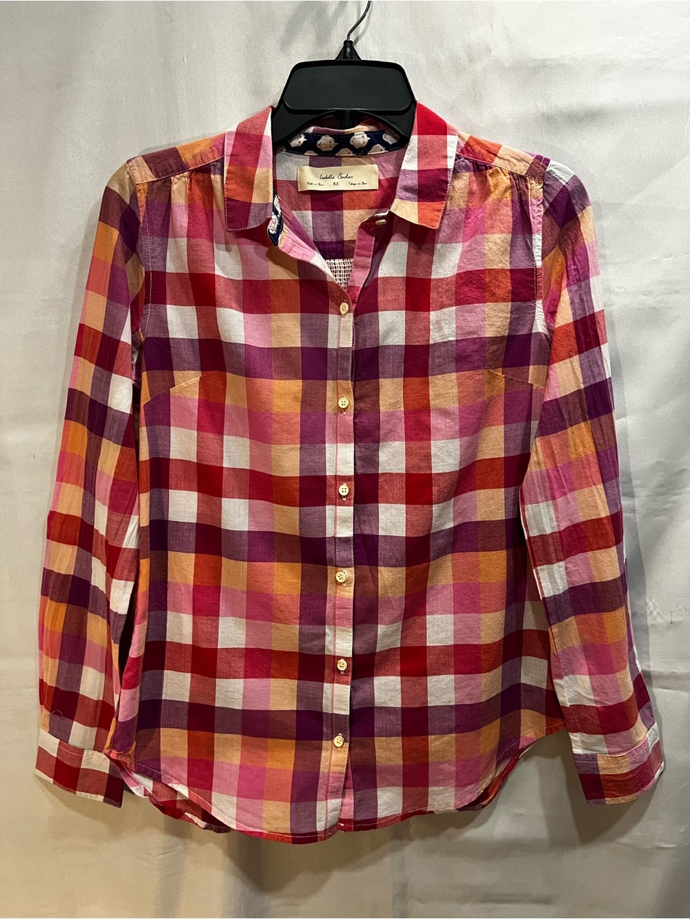 Anthropologie Isabella Sinclair Plaid Button Up Top Roll Tab Sleeves Size XS
